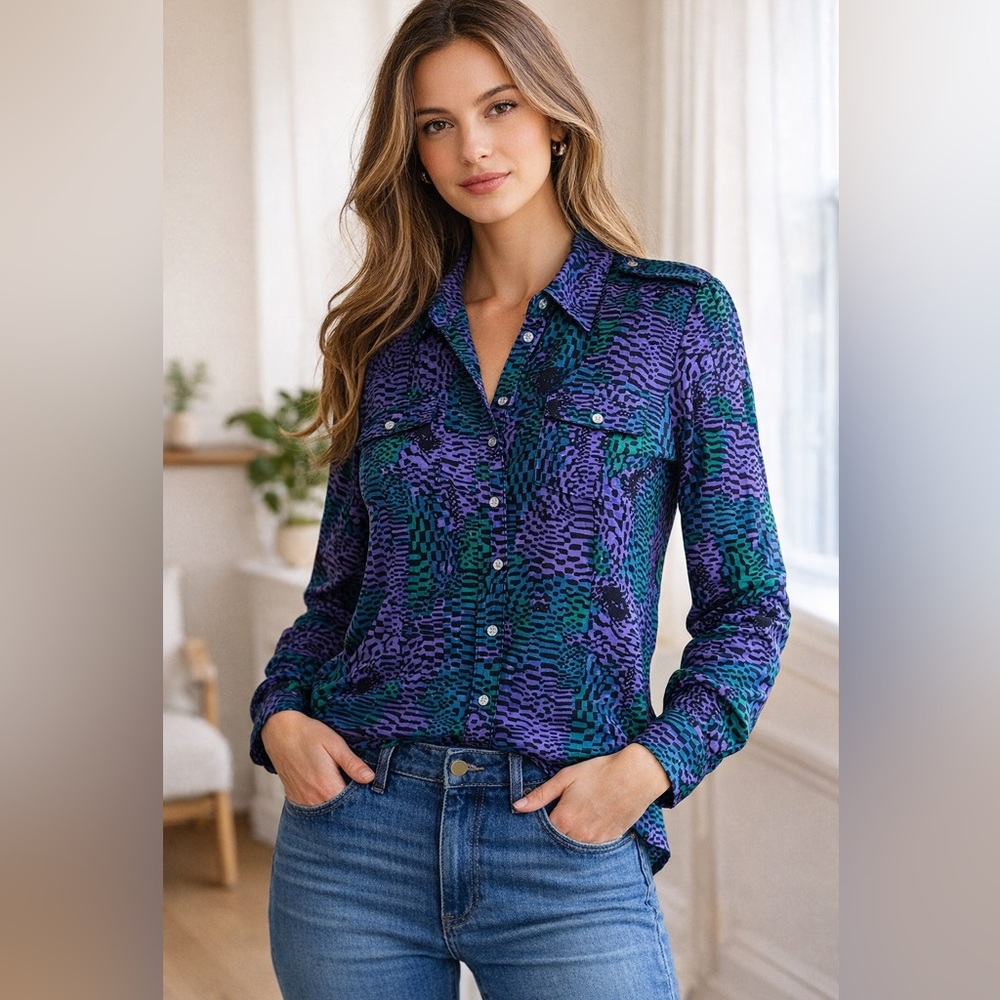 Tory Burch 100% Silk Jersey Button-Down Blouse – Size L